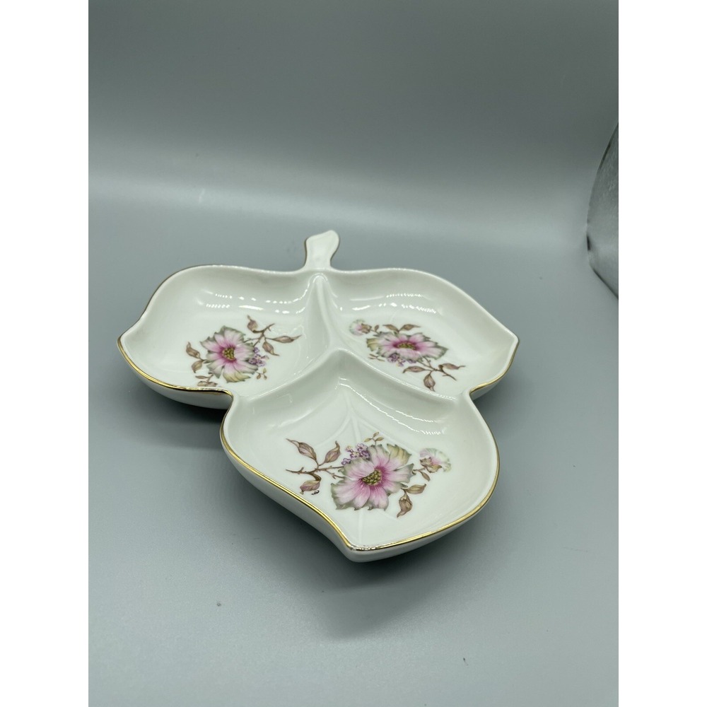 Mitterteich Bavaria leaf shaped Pink flower floral dish Candy Trinket Vintage